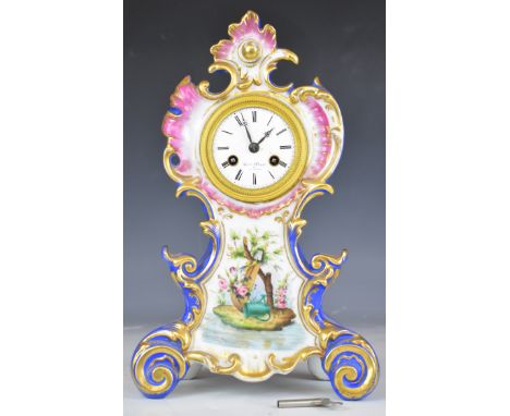 Henry Marc Paris French porcelain mantel clock, the named white enamel dial having Roman numerals and trefoil hands, the case