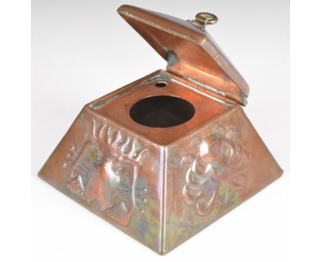 Newlyn Arts &amp; Crafts canted copper inkwell with hinged and riveted lid and octopus decoration in relief, impressed Newlyn