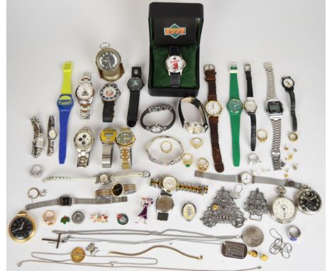 A collection of costume jewellery and watches including pearl earrings, Westclox pocket watch on stand, Timex, Skagen, Seiko 