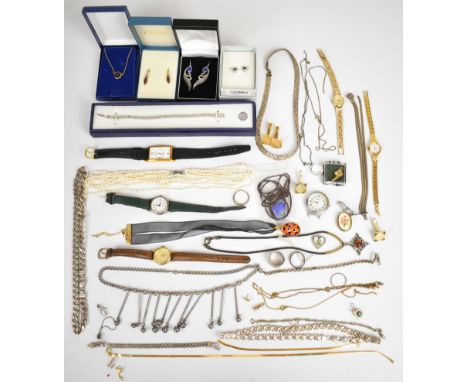 A collection of costume jewellery including silver earrings, opal boulder pendant, silver plaited ribbon necklace (16.2g), fr