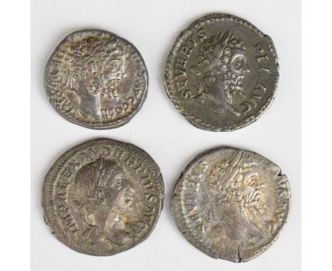 Four Roman silver Denarius comprising three Septimius Severus 193-211 AD, one laureate head right, rev Africa with lion stand