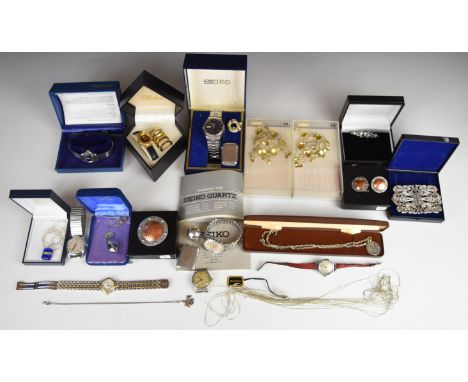 A collection of jewellery including Liberty of London brooch and earrings from Hera collection, Seiko, Tissot and other watch