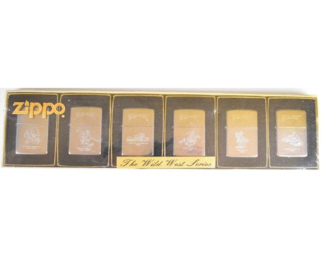 Five 'The Wild West Series' polished chrome Zippo lighters comprising Chief Sitting Bull, Wyatt Earp, Conestoga Wagon, Pony E