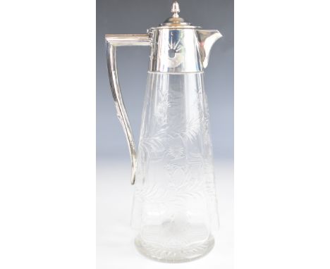 George V hallmarked silver mounted glass claret jug with hinged lid, Sheffield 1911, maker&nbsp;William Hutton &amp; Sons Ltd