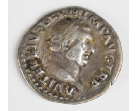 Roman silver Denarius of Vitellius 69 AD, laureate head right, rev Vesta seated right holding paterae and sceptre