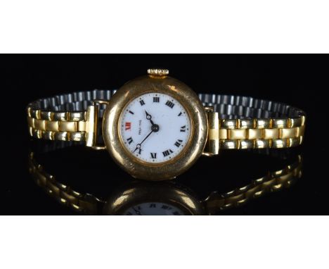 Edwardian 18ct gold wristwatch with blued Breguet hands, black Roman numerals, white enamel dial signed indistinctly 'Peepton