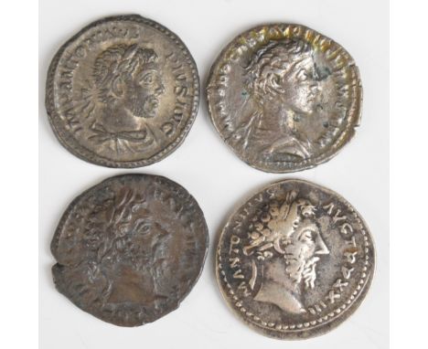 Four Roman silver Denarius comprising Commodus 177-192 AD, bare head right, rev Commodus with trophy; Marcus Aurelius 161 AD 