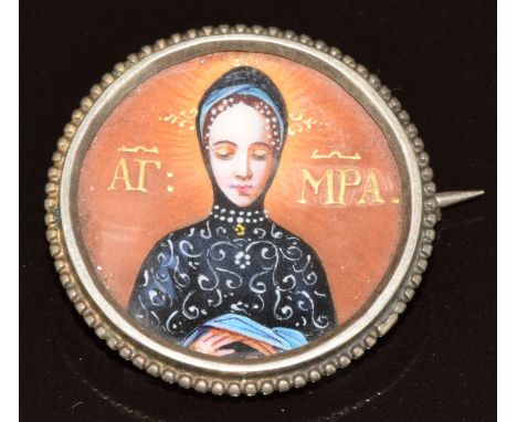 Silver brooch set with a Russian enamel miniature portrait, 7.2g, 2.4cm