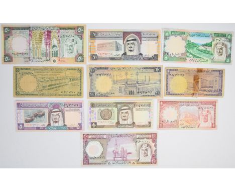 Ten Saudi Arabia 1968-1984 banknotes consisting of 1976; 1977 issue (undated) 1, 5, 10 and 50 Riyals, 1, 5 and 10 Riyals from