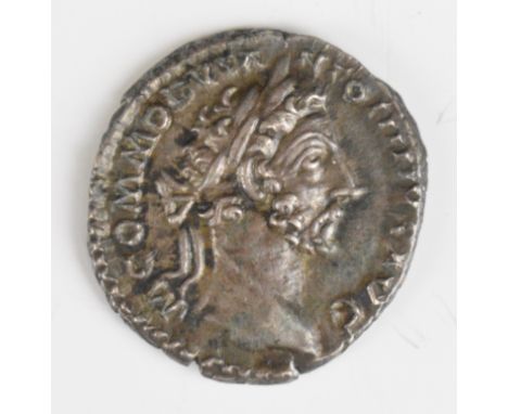 Roman silver Denarius of Commodus 177-192 AD, laureate head right, rev male and female captive