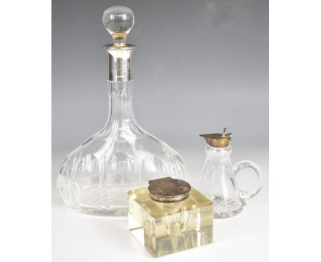 Hallmarked silver lidded whisky noggin, hallmarked silver lidded inkwell and a German silver mounted decanter marked 900, hei