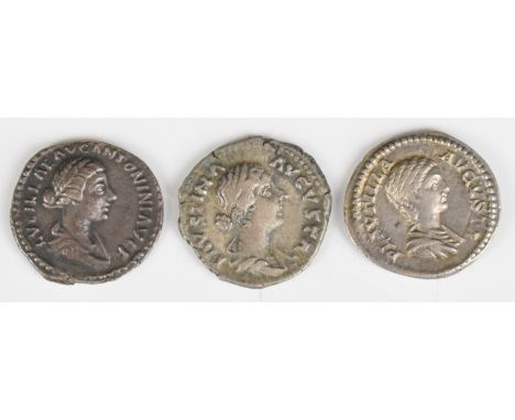 Three Roman silver Denarius of empresses comprising Faustina II 127-175 AD draped head right rev Fecunditas standing right ho