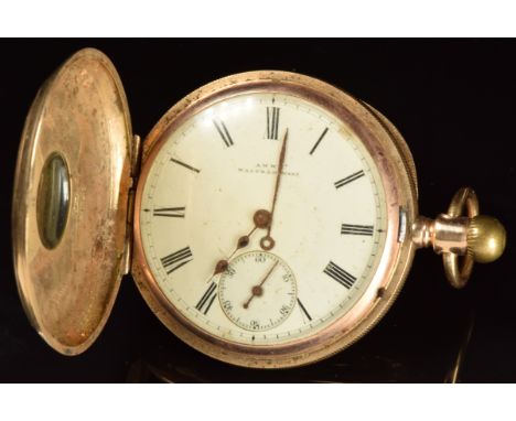 Waltham 10ct gold keyless winding half hunter pocket watch&nbsp;with subsidiary seconds dial, blued hands, black Roman numera