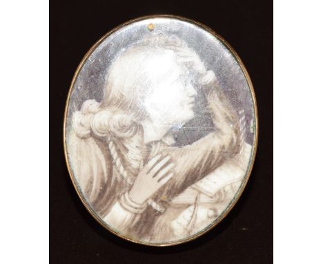 Georgian yellow metal brooch set with an ivory portrait miniature depicting a young gentleman with papers and quill, 7.5g, 2.