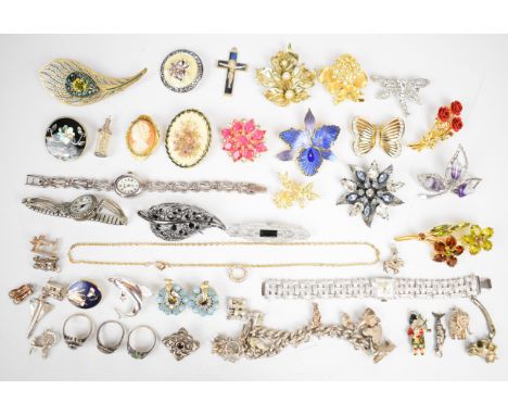 A collection of jewellery, some silver items including charm bracelet, charms including swan, Concorde, train, banknote, etc,