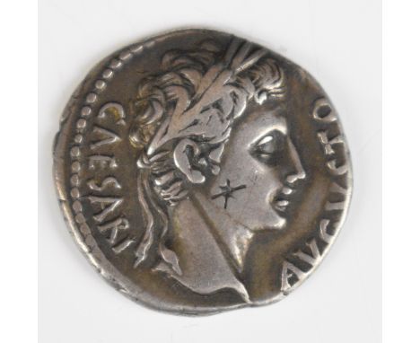 Roman silver Denarius of Augustus 27 BC - 14 AD, laureate head right Temple of Mars Ultor, rev some graffiti