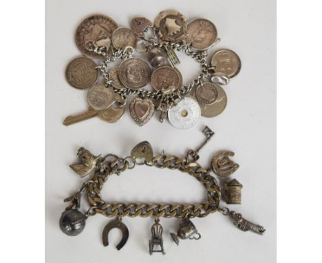 Two silver charm bracelets with nineteen silver charms including football, car, horse, horseshoe, heart locket, fob, 'sewing 