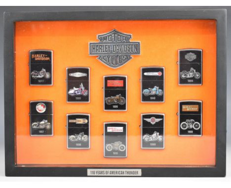 Ten Harley Davidson 'A Century of American Thunder' satin chrome Zippo lighters, in fitted display case with Harley logo top 