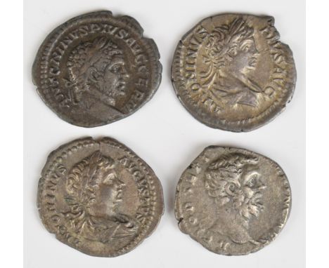 Four Roman silver Denarius comprising Caracalla as Augustus 198-217 AD, laureate head right, rev Dea Caelestis holding sceptr