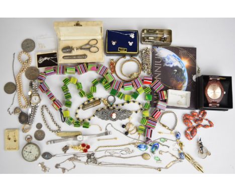A collection of jewellery including Victorian locket, two damaged 9ct gold bracelets (3.3g), millefiori glass necklace, silve