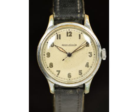 Jaeger LeCoultre gentleman's military style wristwatch with luminous hands, Arabic numerals, silver dial, nickel plated case 