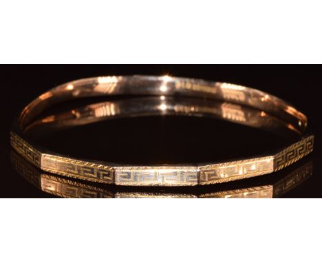 Art Deco 9ct gold wax filled flapper bangle with Greek Key decoration, Birmingham 1932, 13g, 7.6cm