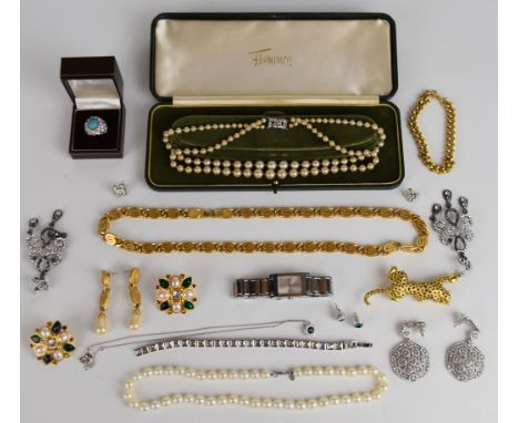 A collection of jewellery including Swarovski earrings and necklace, faux pearls, cultured pearls, Monet necklace and matchin