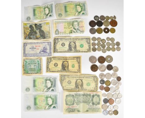 Small collection of base metal and silver world coins, various world banknotes, approximately 43g of pre-1947 British silver 