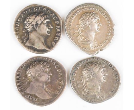 Four Roman silver Denarius of Trajan, all 117AD and laureate head right, comprising rev Trajan's column type; rev Rome seated