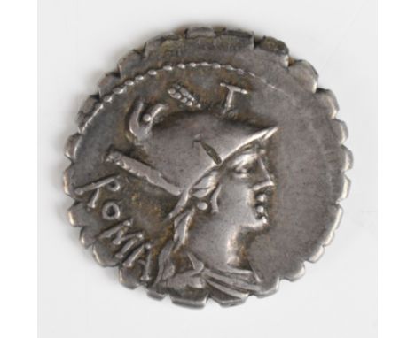 Roman serrated silver Denarius of C. Poblius 80 BC, Roma right rev Hercules facing left strangling the Nemean lion