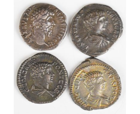 Four Roman silver Denarius comprising Geta 209-212 AD, laureate head right, rev Fecitas Tempor figures shaking hands; 2x Geta