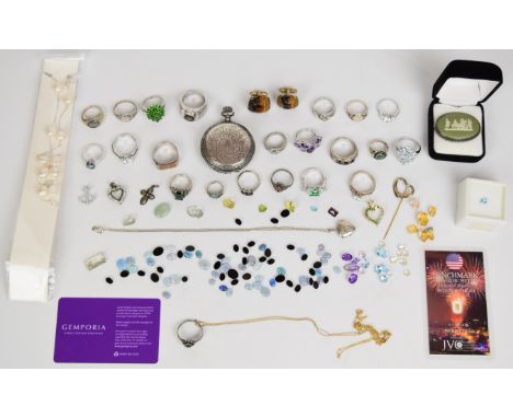 A collection of jewellery including freshwater pearls on silver chain, twenty silver rings including amethyst, topaz, cubic z