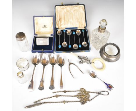 Hallmarked silver items comprising Mappin &amp; Webb hallmarked silver napkin ring in fitted case, further napkin ring, five 