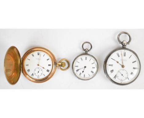Three pocket watches comprising Waltham gold plated keyless winding full hunter, H Samuel of Manchester hallmarked silver exa