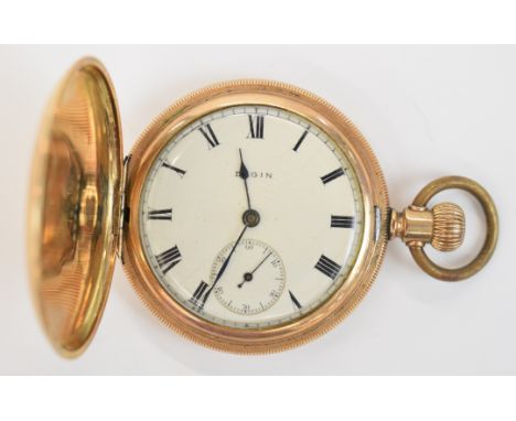 Elgin gold plated keyless winding full hunter pocket watch&nbsp;with inset subsidiary seconds dial, blued hands, black Roman 