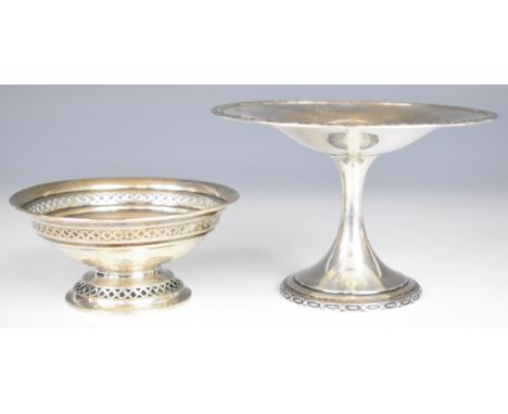 Two hallmarked silver pedestal bon bon dishes, one with pierced decoration, taller Sheffield 1909, maker&nbsp;Harrison Brothe