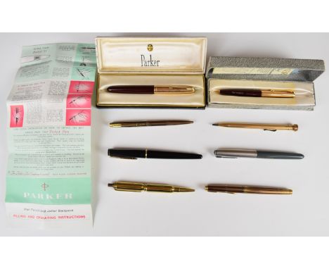 Four fountain pens comprising Waterman, two Parker 51 and one further Parker together with a Parker 51 pencil, two ballpoint 