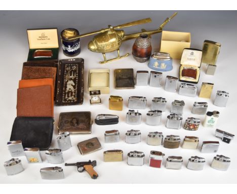 Large collection of cigarette lighters / smoking related cases, leather wallet and a brass model of a helicopter, mate tea go