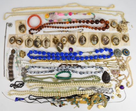 Eighteen rolled gold lockets/ brooches, Vulcanite pendant depicting a young woman, French jet necklace, Monet necklace, Sarah