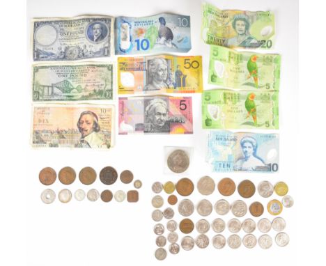 Small collection of world coins and banknotes including some silver coins and redeemable currency from Australia and New Zeal