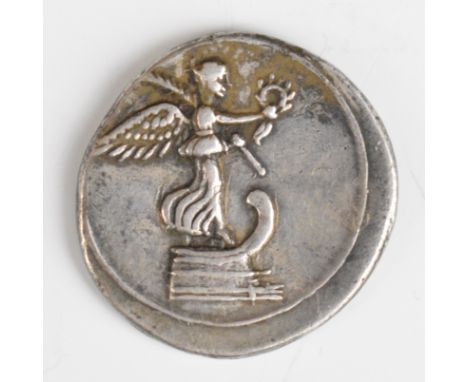 Roman silver Denarius of Octavian 30 BC, Victory facing right standing on a prow, rev Octavian driving triumphal quadriga