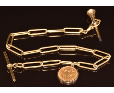 An 18ct gold Albert / watch chain made up of elongated oval links (31g, 31cm), with 1909 gold half sovereign pendant and Vict