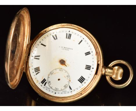 J W Benson 9ct gold keyless winding half hunter pocket watch&nbsp;with subsidiary seconds dial, black Roman numerals, white d