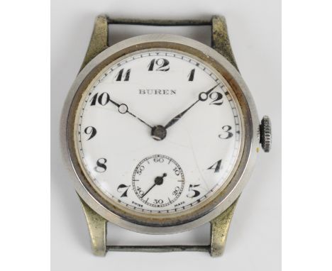 Buren British military issue wristwatch with subsidiary seconds dial, blued Breguet hands, black Arabic numerals, white dial,