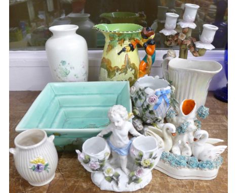 A Clarice Cliff Art Deco bowl, in green, a/f, hairline crack and other pottery and continental figures, candlestick a/f 