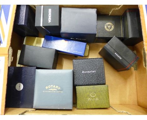 A collection of empty watch boxes including Avia, Accurist, Oris, Rotary and Sekonda 