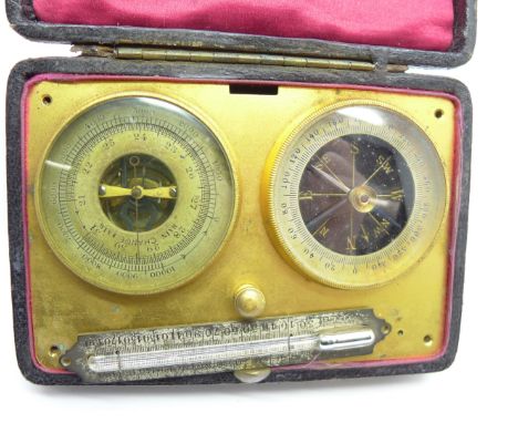 A cased thermometer, barometer and compass 