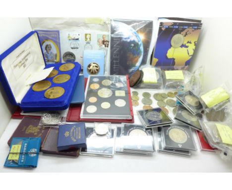 A box of coins, two Millennium £5 coins, two Royal Mint proof coin sets, 1999 and Royal Agricultural Heritage Year 1975 and o