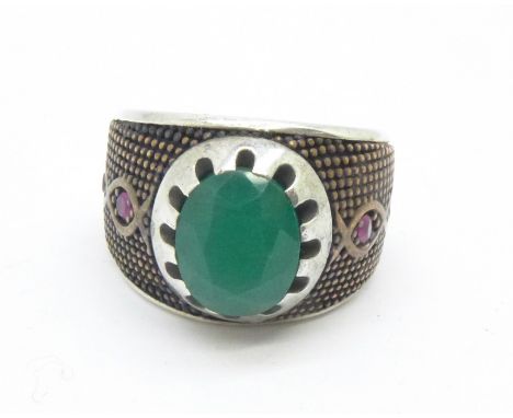 A silver, ruby and green stone ring, Q 