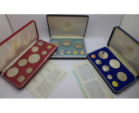 Three proof coin sets, Coinage of Belize with silver coin, First National Coinage of Barbados with silver coin and Commonweal